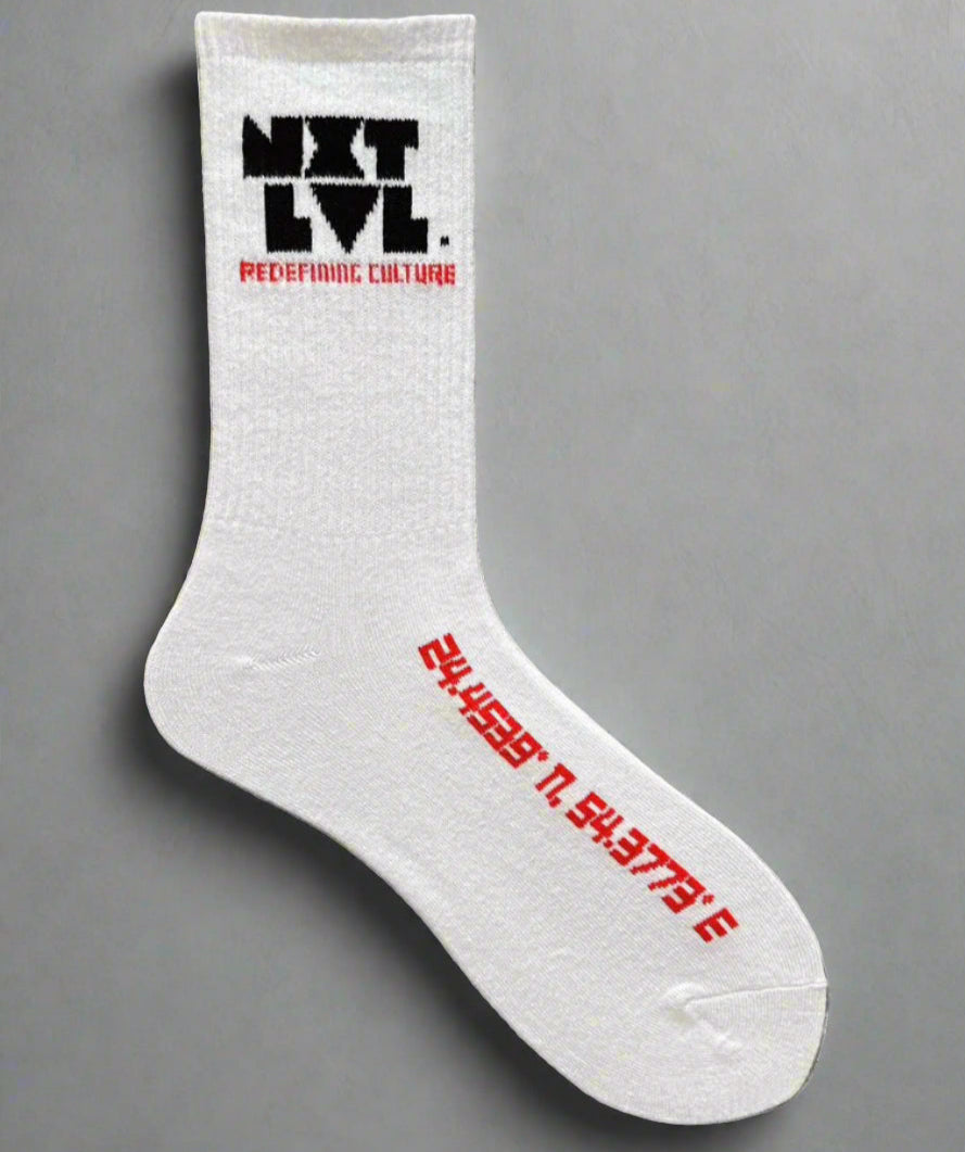 NXT LVL white crew socks with Abu Dhabi coordinates embroidery streetwear accessory product image