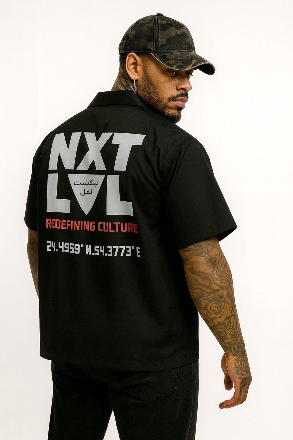 NXT LVL Button-up Shirt — Leather Label + Coordinates (Matte Black)