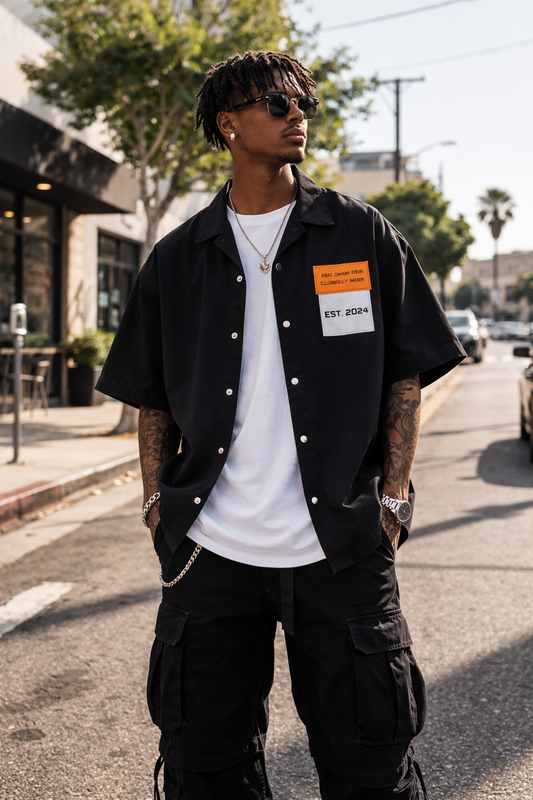 NXT LVL Button-up Shirt — Leather Label + Coordinates (Matte Black)