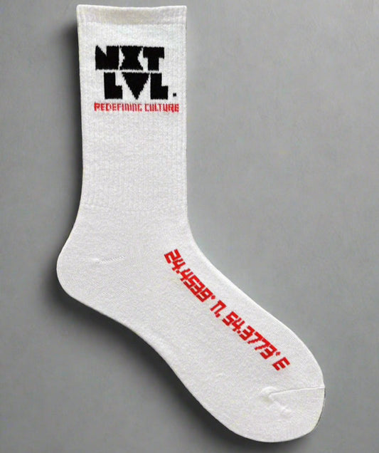 NXT LVL Crew Socks — Abu Dhabi Coordinates (White)
