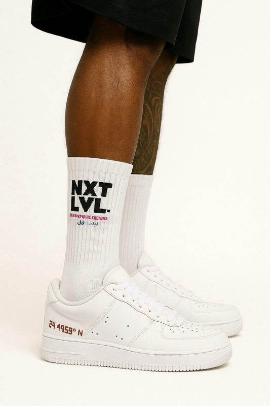 NXT LVL Crew Socks — Abu Dhabi Coordinates (White) with Arabic Embroidery